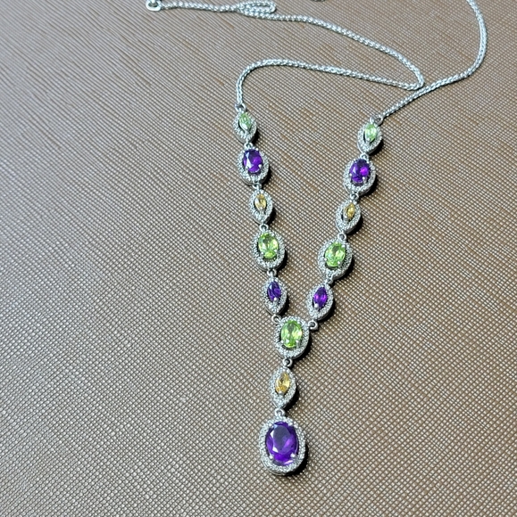 Elegant Silver Necklace with Purple, Green, and Yellow Accents - Picture 2 of 5